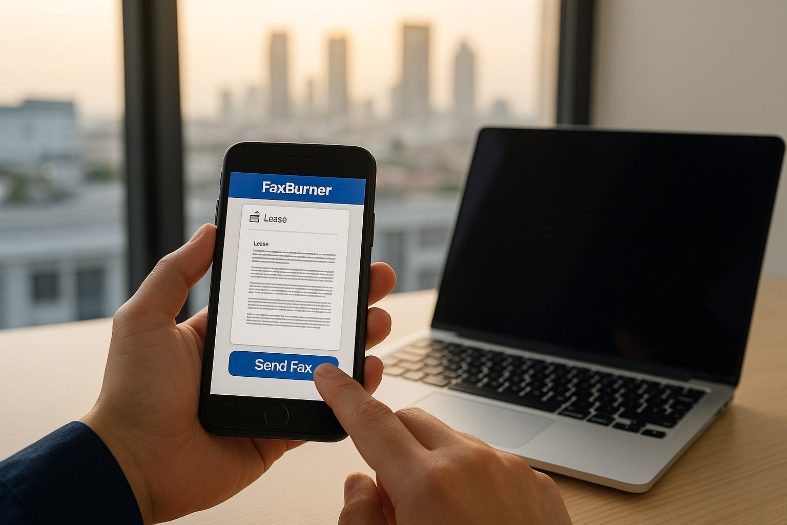 Person using the FaxBurner app on their phone to send a fax.