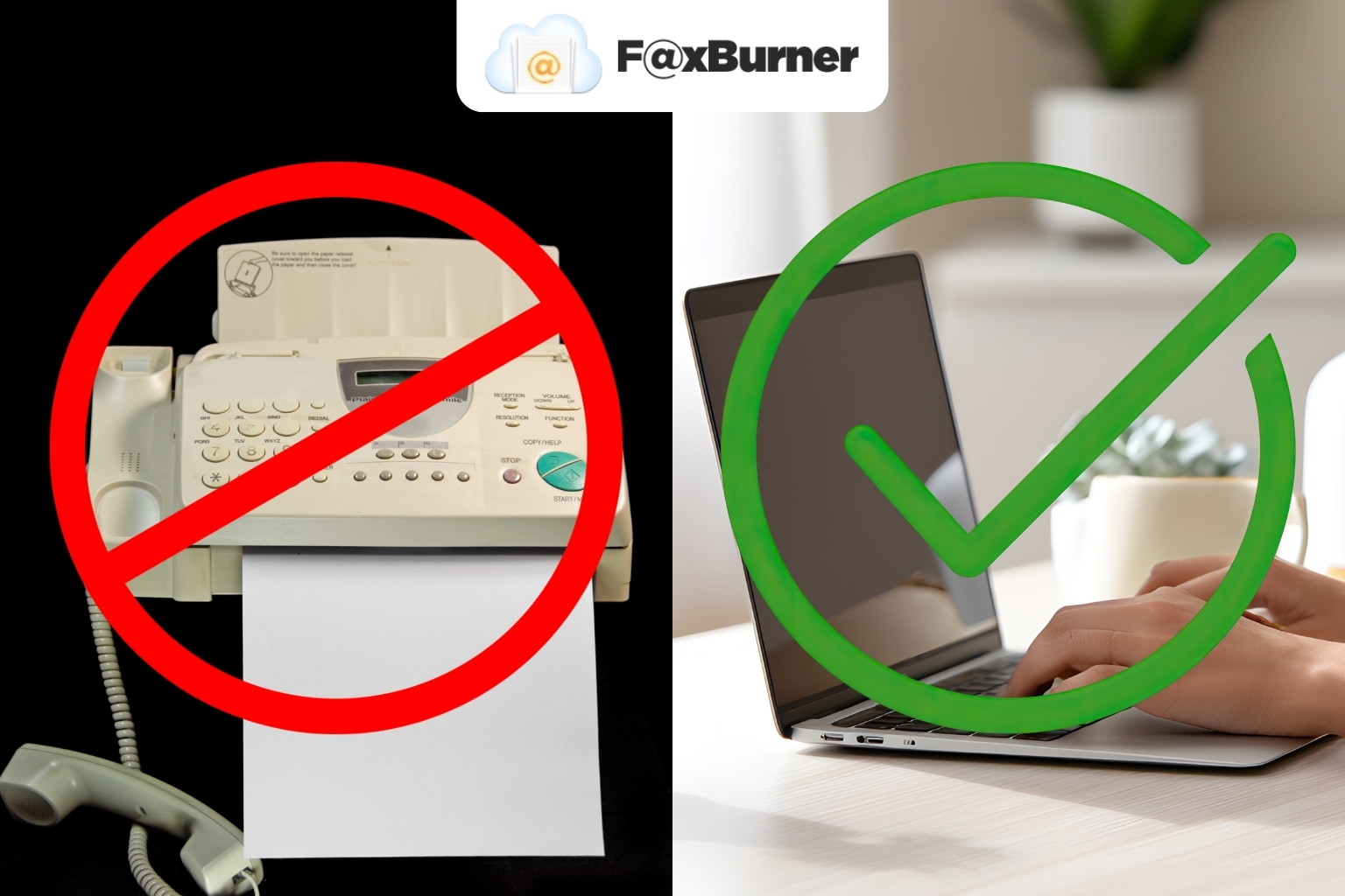 image1 Fax machine with a stop symbol over it and an open laptop with a checkmark over it