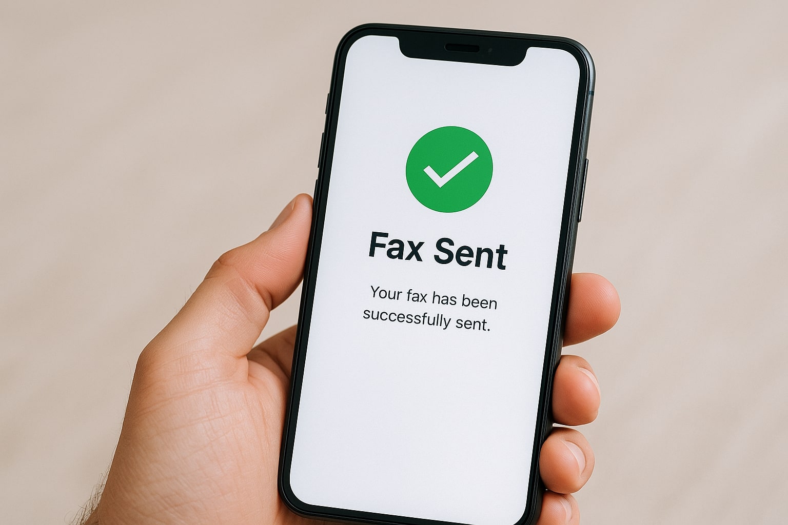 Close-up of a smartphone screen showing a “Fax Sent” confirmation, held in a person's right hand against a soft neutral background.