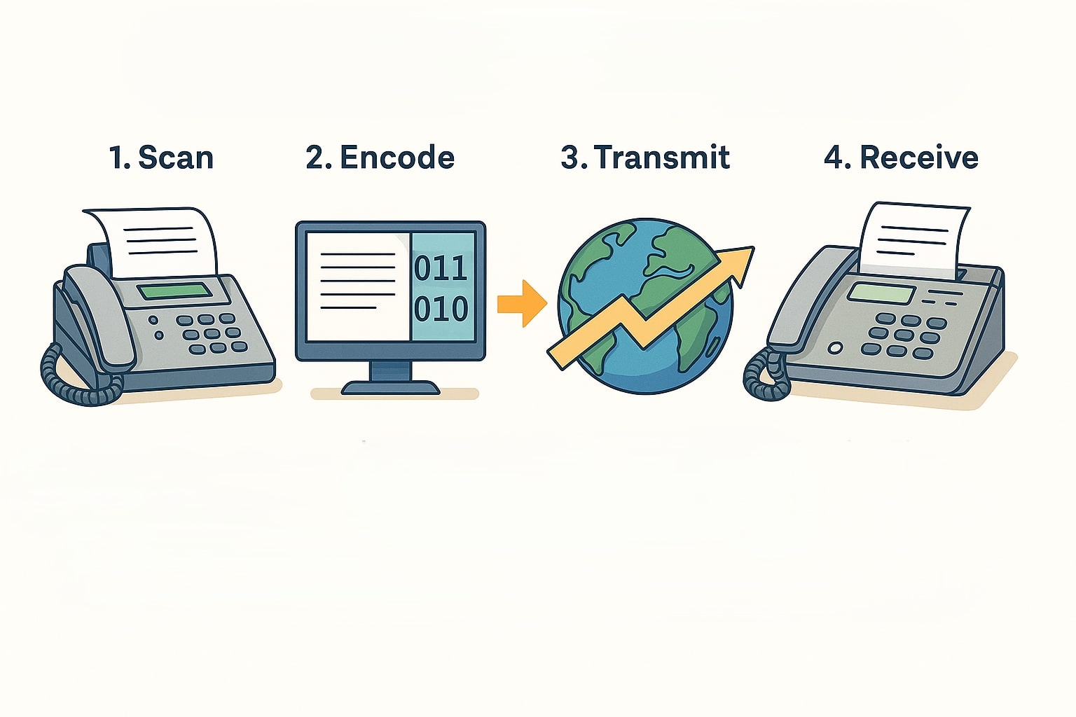 image showing how fax technology works, with labeled steps from scanning and encoding to transmitting, receiving, and printing a document.