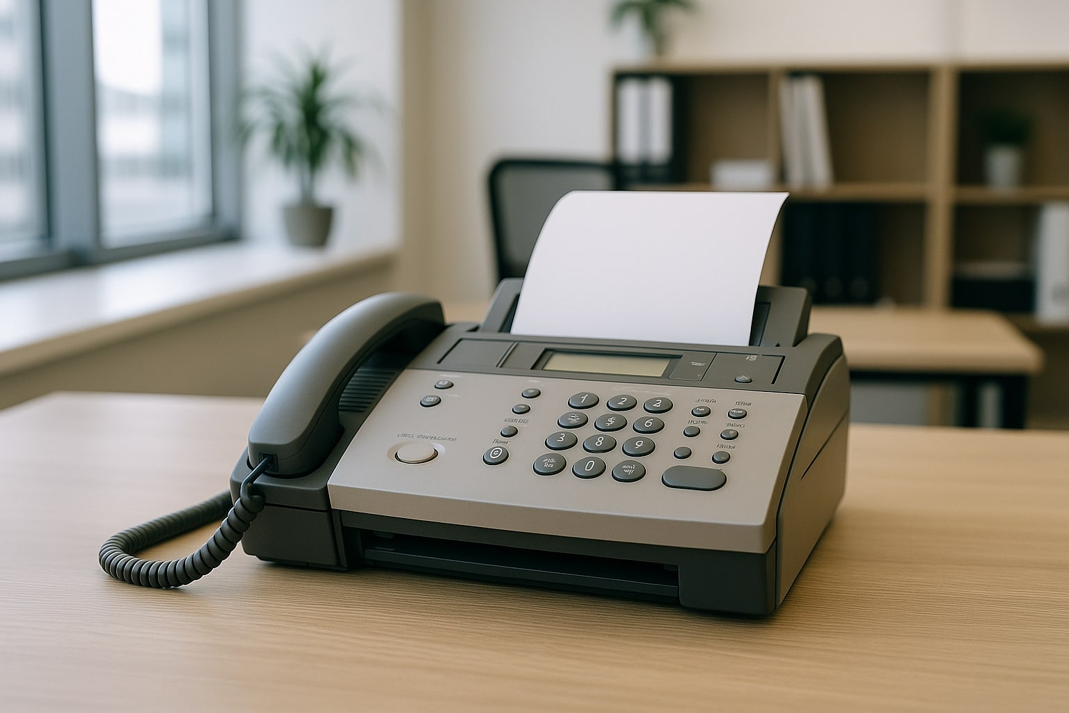 Office desk with an older fax machine, surrounded by documents, a phone handset, and soft natural light from a nearby window.