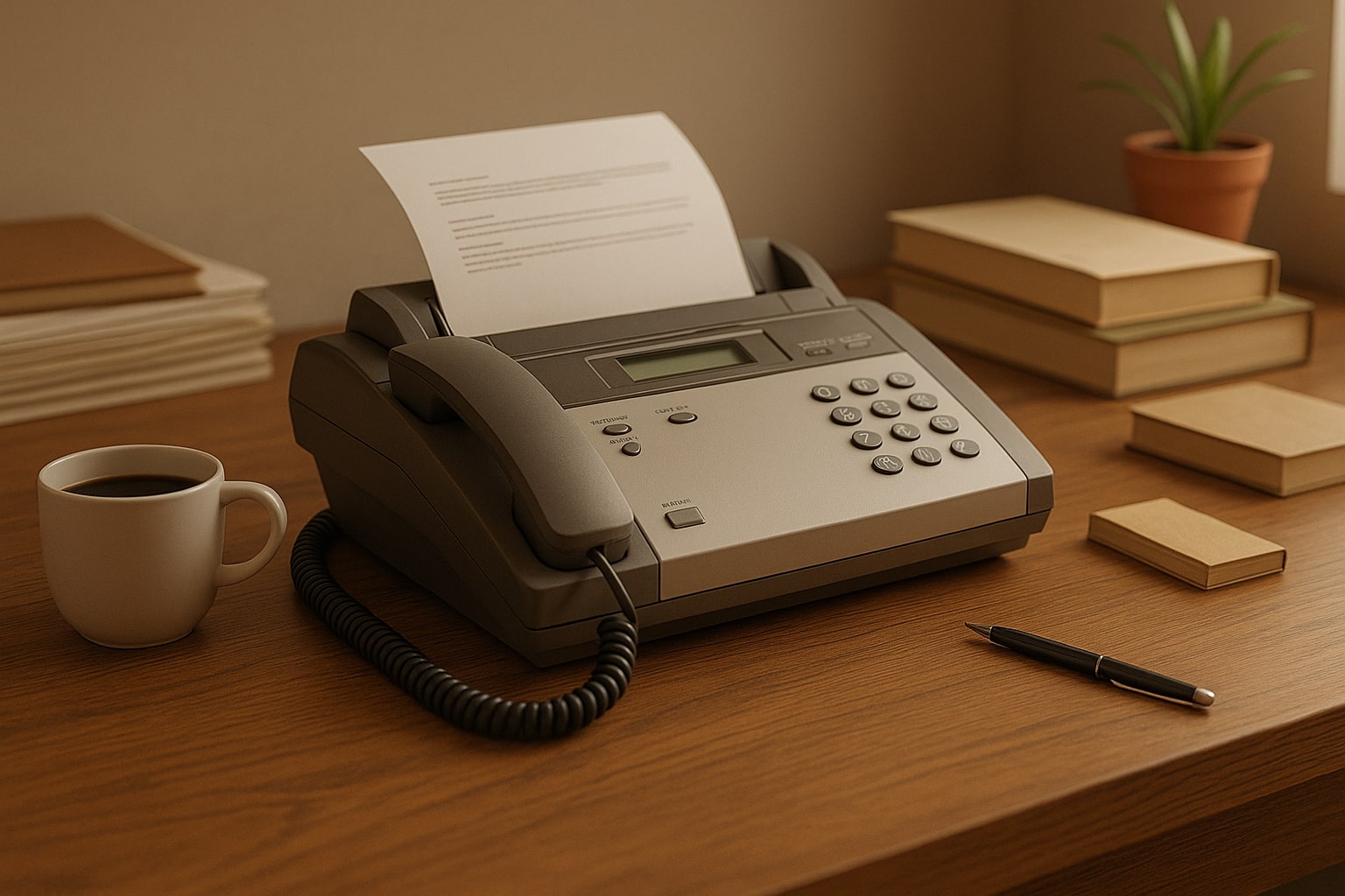 Traditional fax machine on a tidy wooden desk with a cup of coffee, stacked books, and a pen, set in a softly lit workspace.