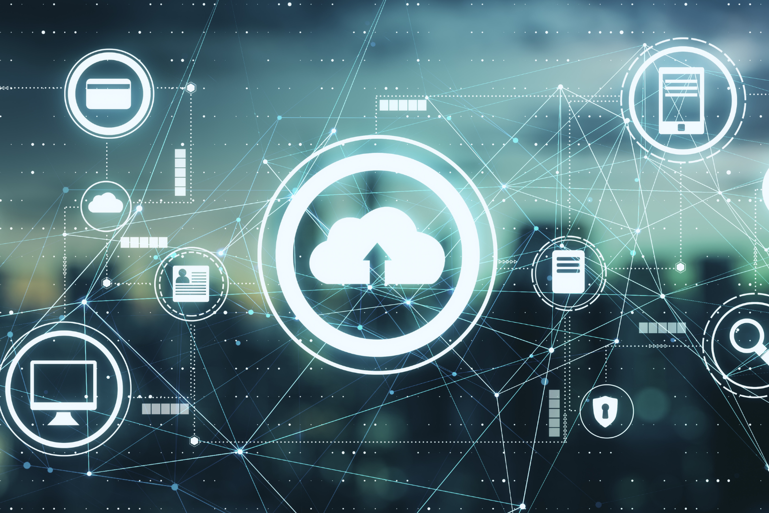Cloud computing technology represented by icons like a cloud, smartphone, desktop computer, search icon, and credit card.