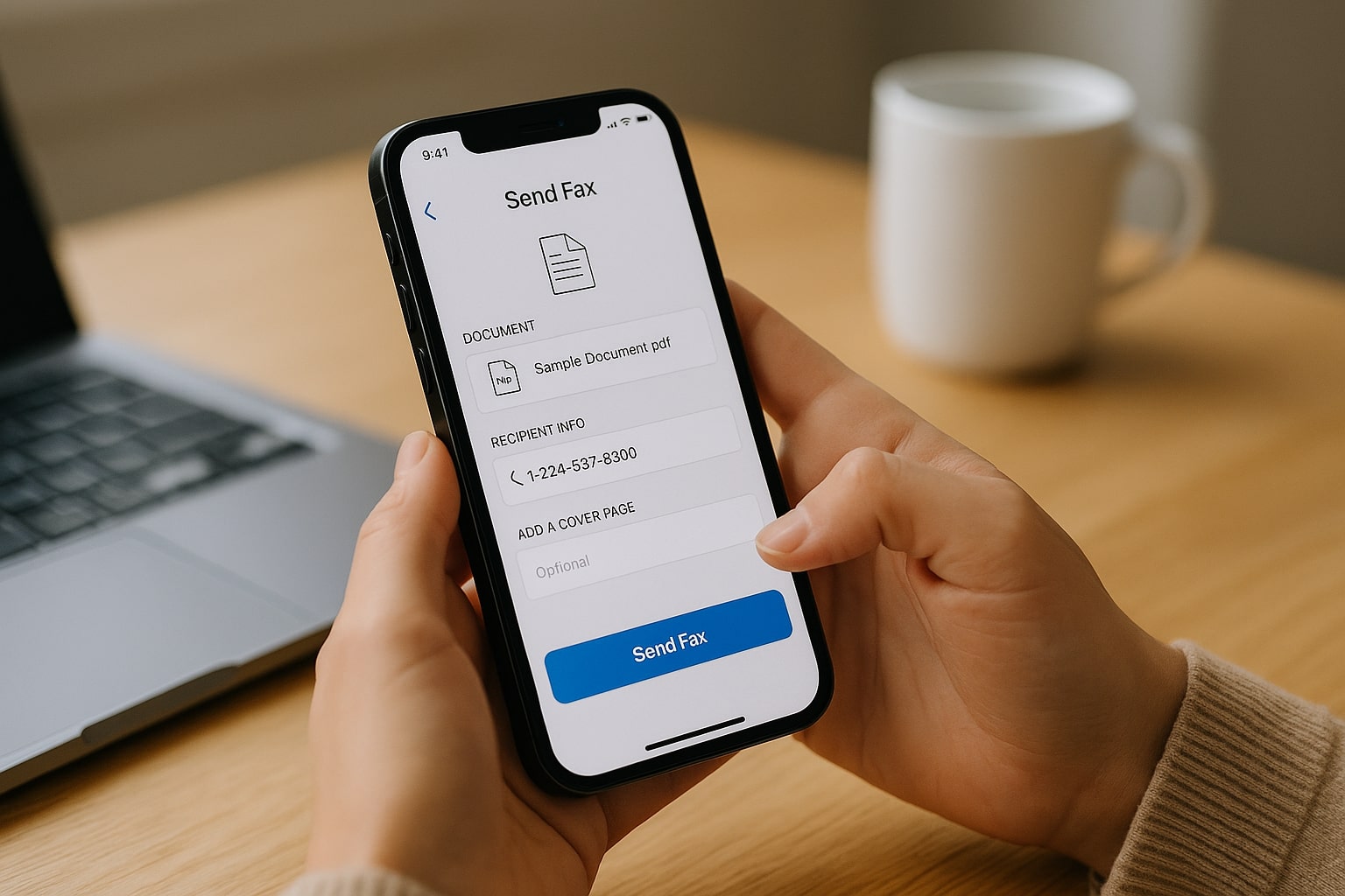 Person using an iPhone to send a fax, with the screen showing a document upload and Send Fax button inside a home workspace