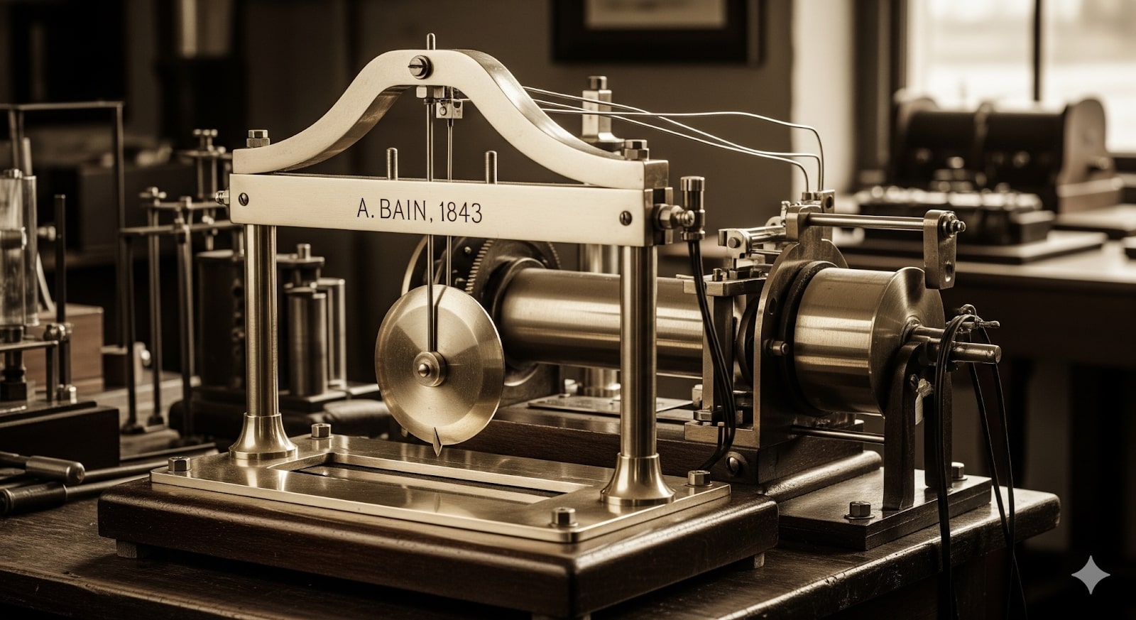 Close-up of Alexander Bain’s 1843 Electric Printing Telegraph, featuring pendulum mechanics and labeled components in a sepia-toned historical setting.