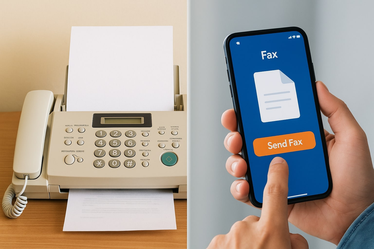 Side-by-side image comparing an outdated fax machine with a modern smartphone displaying a “Send Fax” button, illustrating the shift from traditional to mobile faxing.