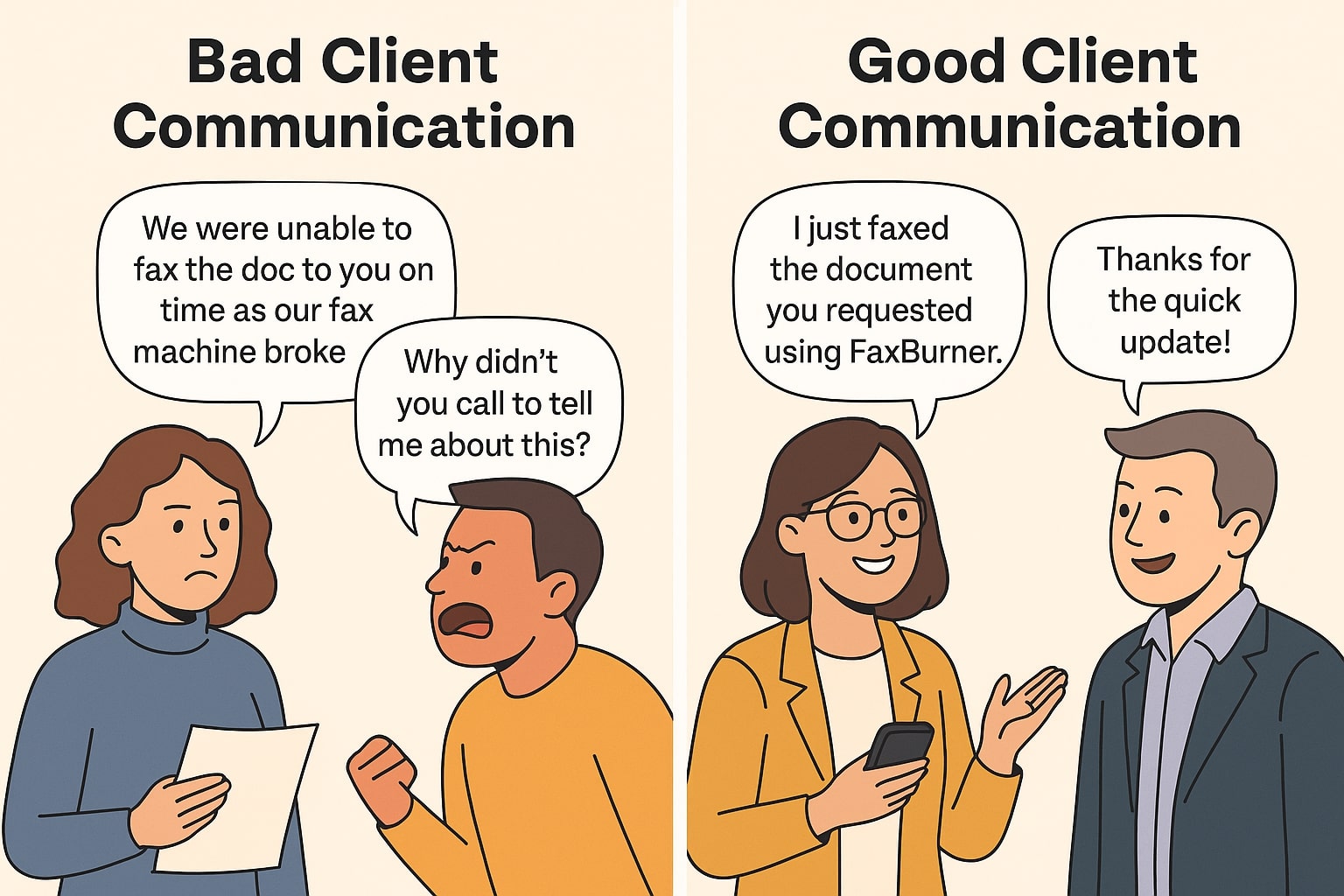 Bad vs Good Client Communication side-by-side cartoon showing bad vs good client communication. The left panel shows a missed fax update leading to client frustration, while the right shows a calm exchange with timely fax delivery using FaxBurner.