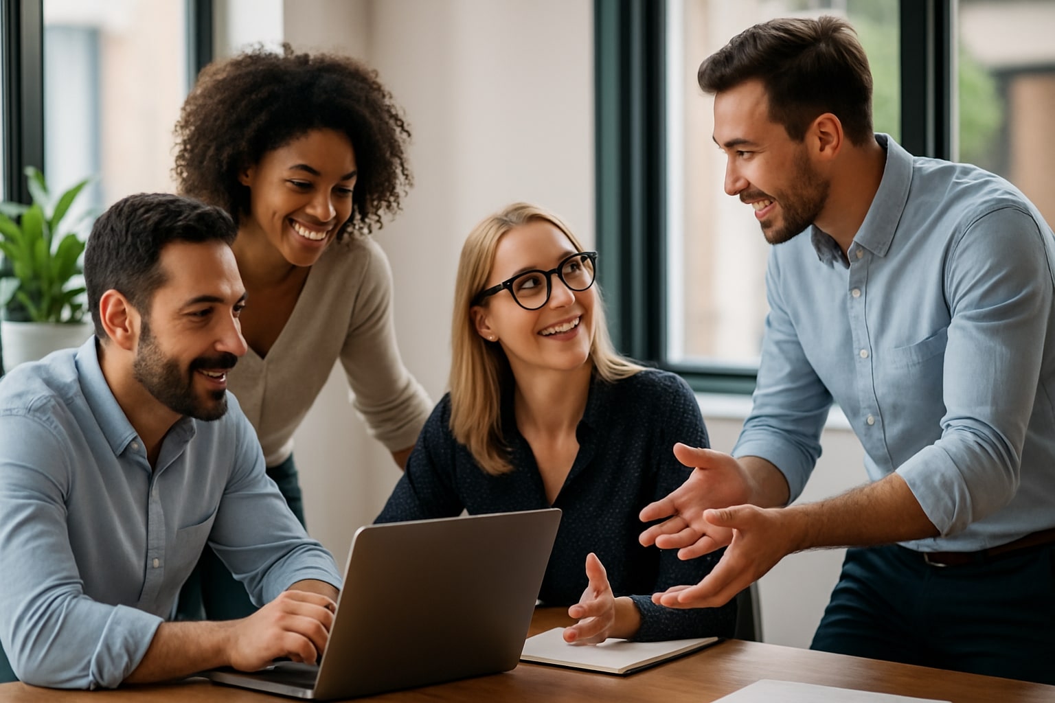 Four coworkers gathered around a laptop in a bright, modern office, engaged in a collaborative discussion. They appear focused and supportive, reflecting strong internal communication and teamwork.