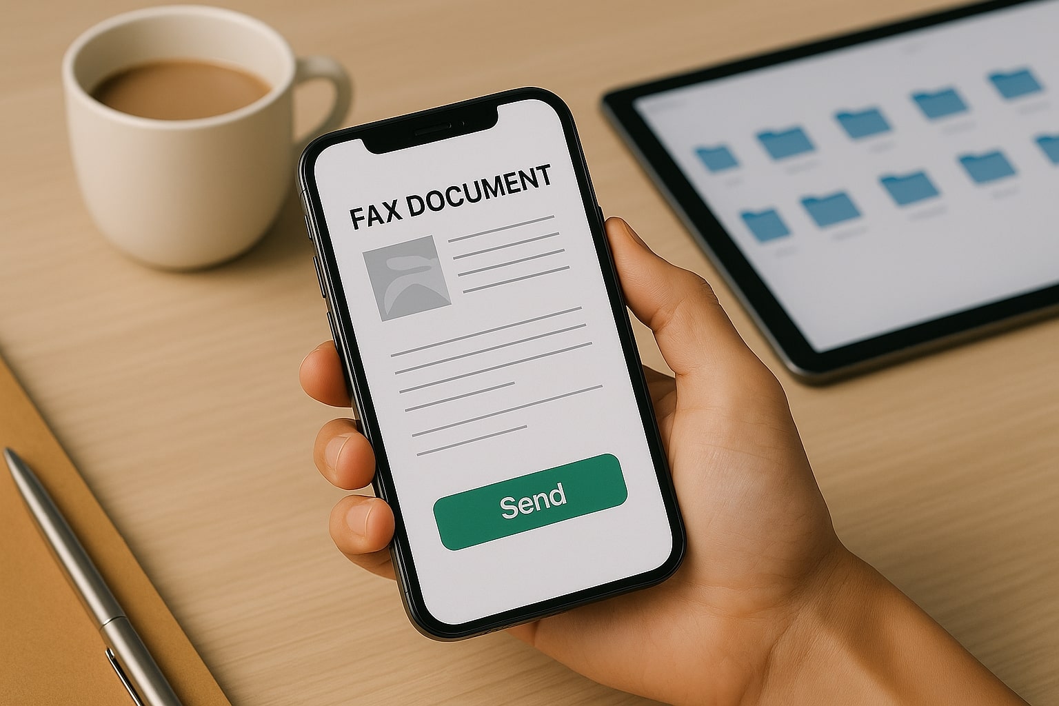 A close-up of a hand holding a smartphone with a fax document on screen and a visible "Send" button, with a coffee cup and tablet in the background.