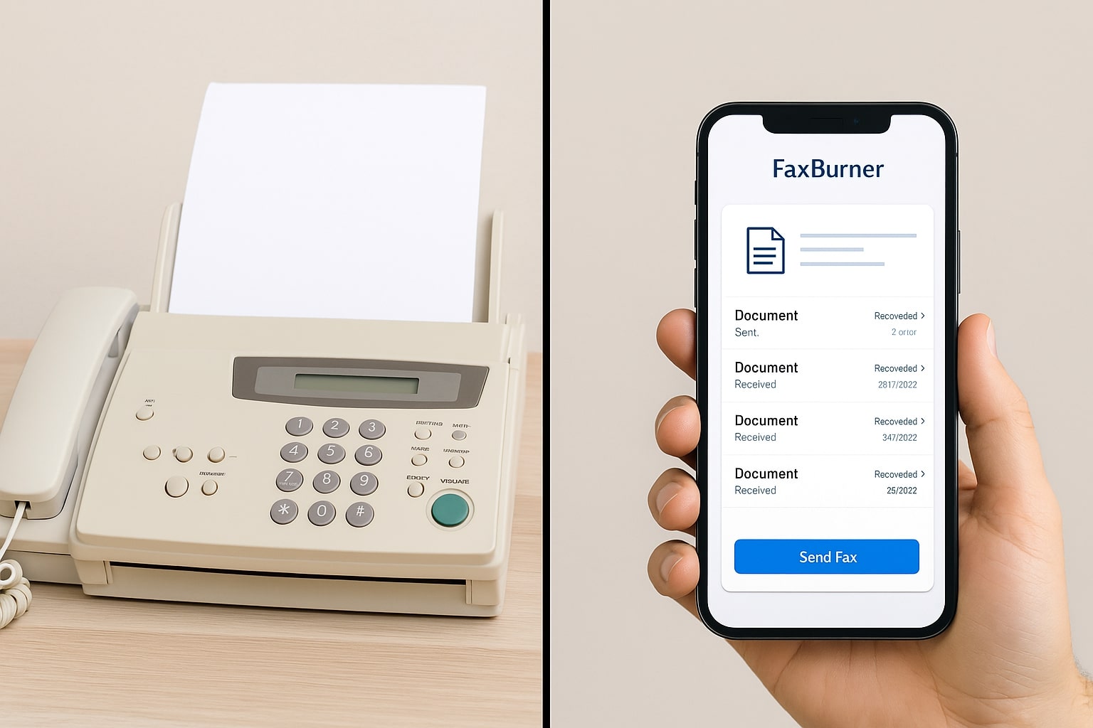 Image showing a comparison between an old fax machine and a modern cloud fax interface on a smartphone.