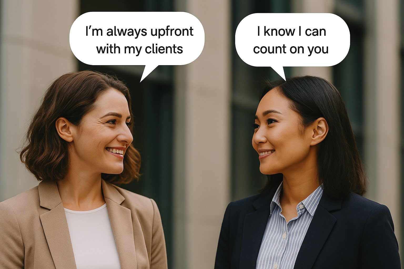Two professional women talking outside an office building. One says, “I’m always upfront with my clients,” while the other replies, “I know I can count on you.” Both are smiling, showing mutual trust and confidence.