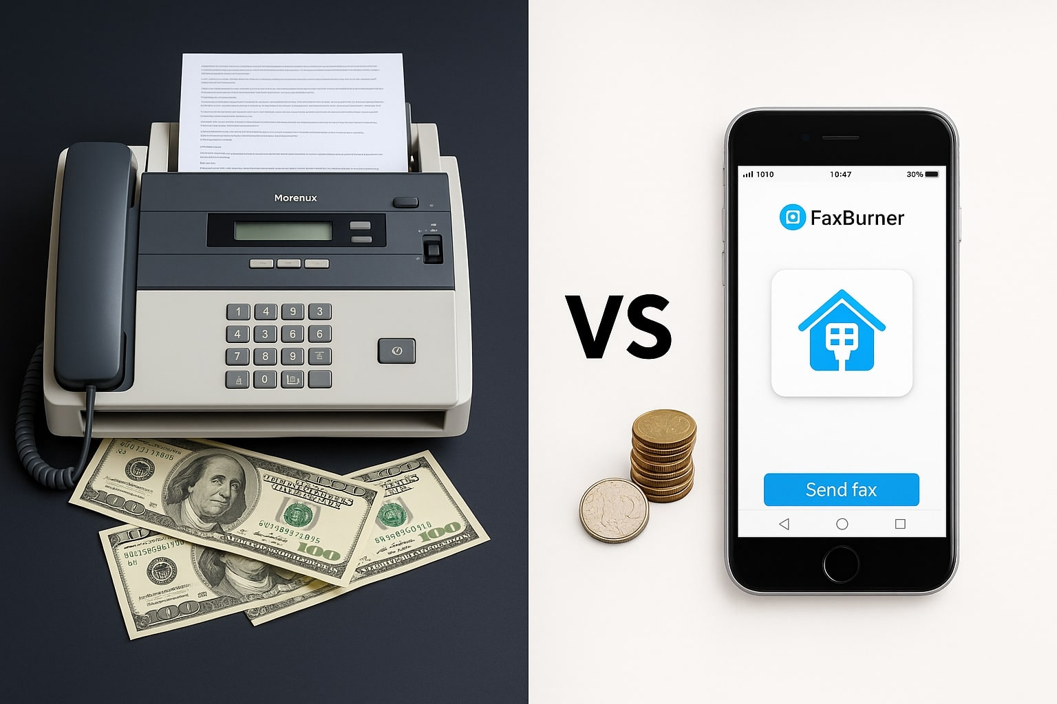 Side-by-side comparison showing an expensive fax machine surrounded by dollar bills versus a smartphone with the FaxBurner app and a few coins, highlighting the cost-saving benefits of online faxing.