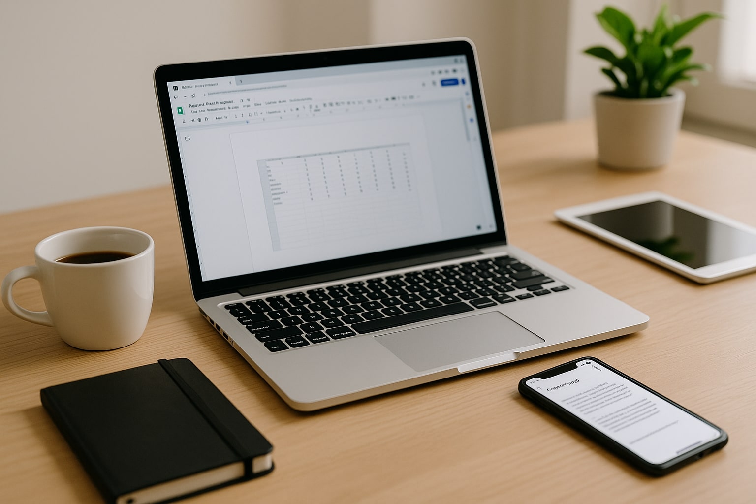 Laptop with spreadsheet open Laptop with a spreadsheet open, smartphone, coffee mug, and tablet on a tidy desk in natural light.