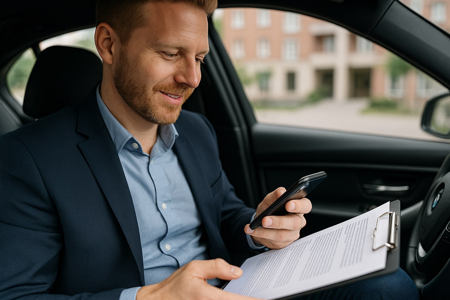 Real estate agent reviewing a document and sending a fax using a smartphone from his car.