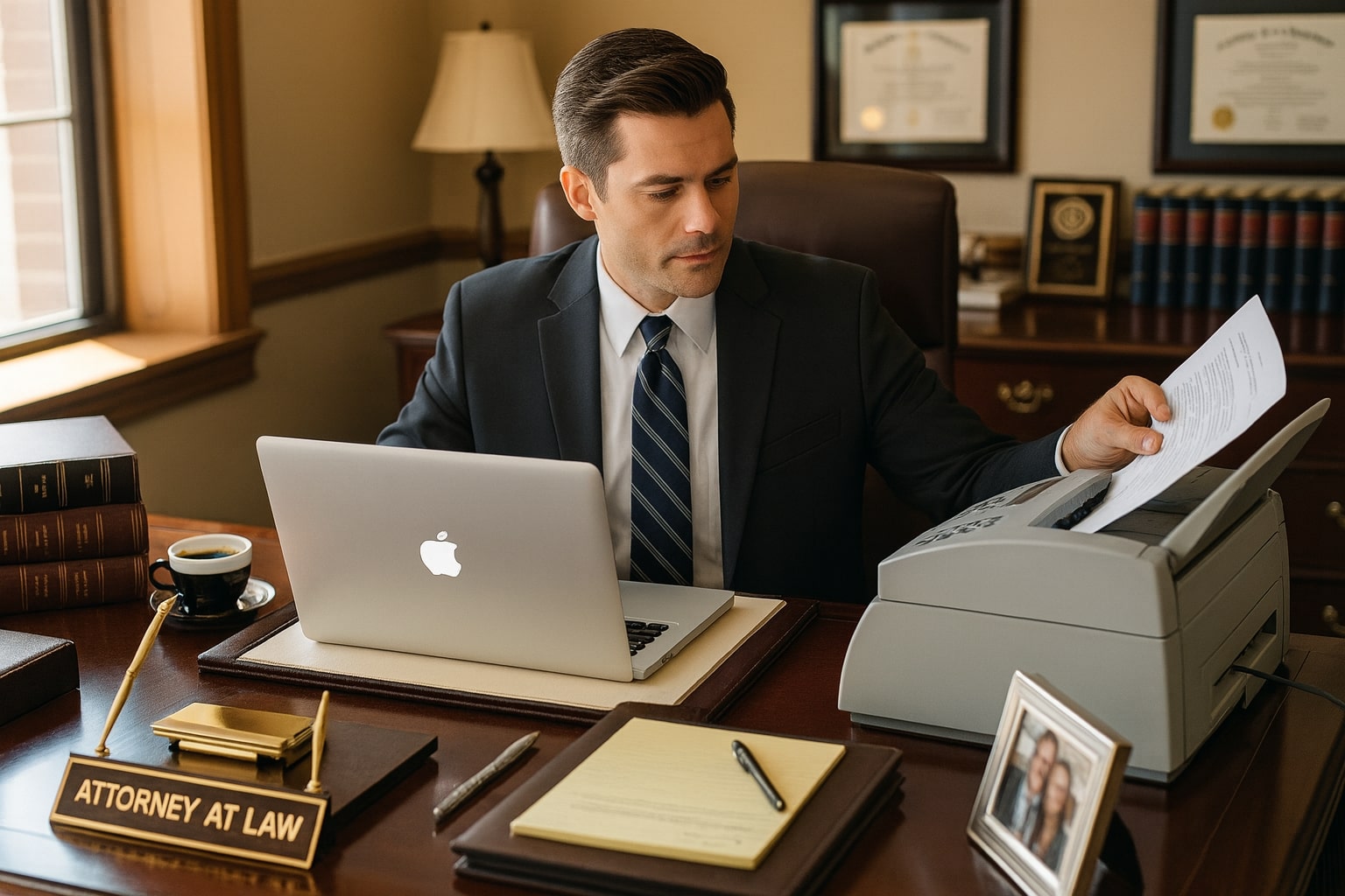 Attorney at desk faxing legal document, working on laptop with nameplate and law books in office.