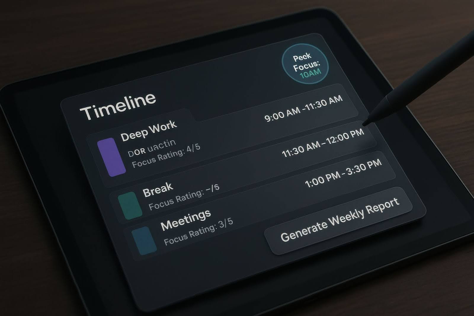 Digital tablet screen showing a productivity schedule with time blocks for deep work, breaks, and meetings, along with focus ratings and a “Generate Weekly Report” button