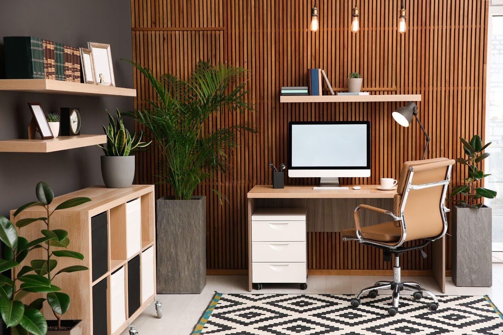 Modern home office with ergonomic desk and chair, desktop computer, indoor plants, wood panel wall, and minimal decor for a calm, organized work environment