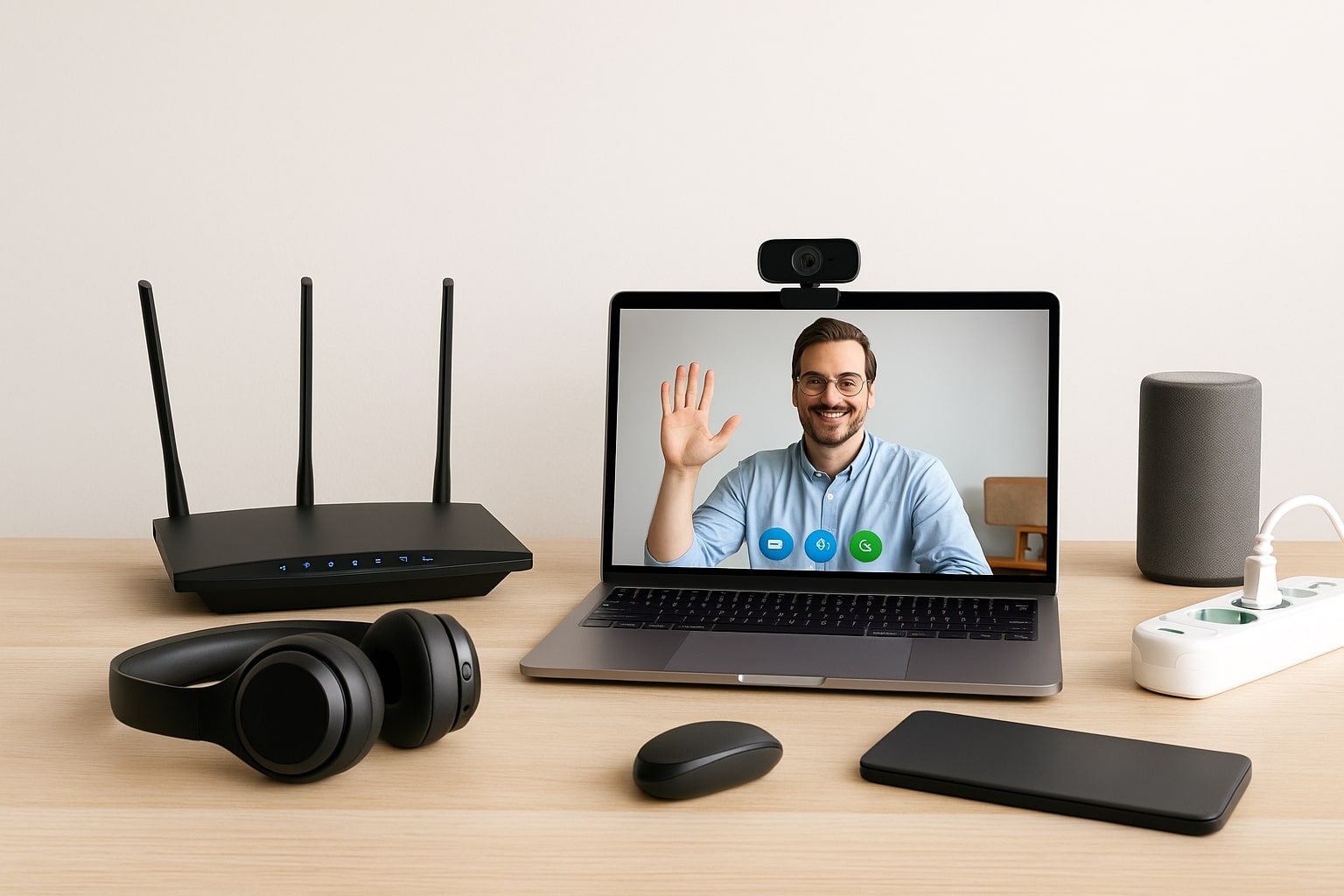 Smart home office setup with a laptop showing a video call, black Wi-Fi router, noise-canceling headphones, webcam, Bluetooth speaker, and a power strip on a light wood desk against a plain wall
