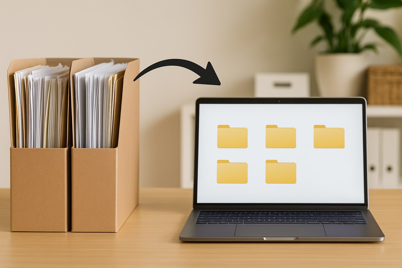 Two file holders Two file holders filled with paper sit on a desk next to a laptop displaying digital folder icons, with a curved arrow pointing from the paper to the laptop, symbolizing moving from physical to digital document organization.