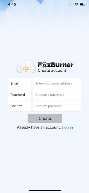 faxburner create account iOS app screenshot