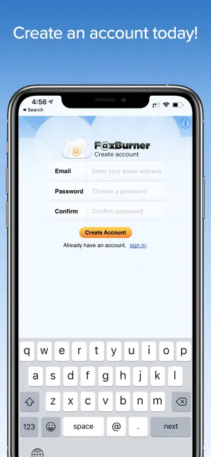 faxburner login screen on mobile device