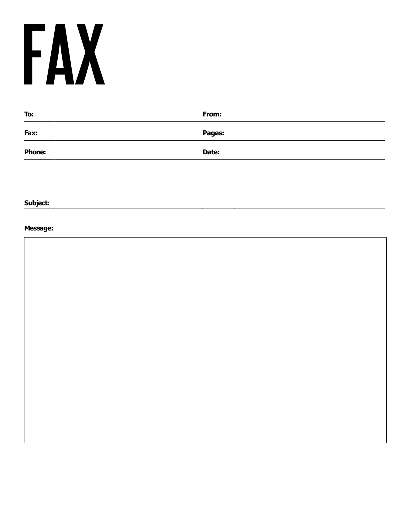 Printable fax cover sheet with a bold FAX header, To and From fields, a subject line and a message box