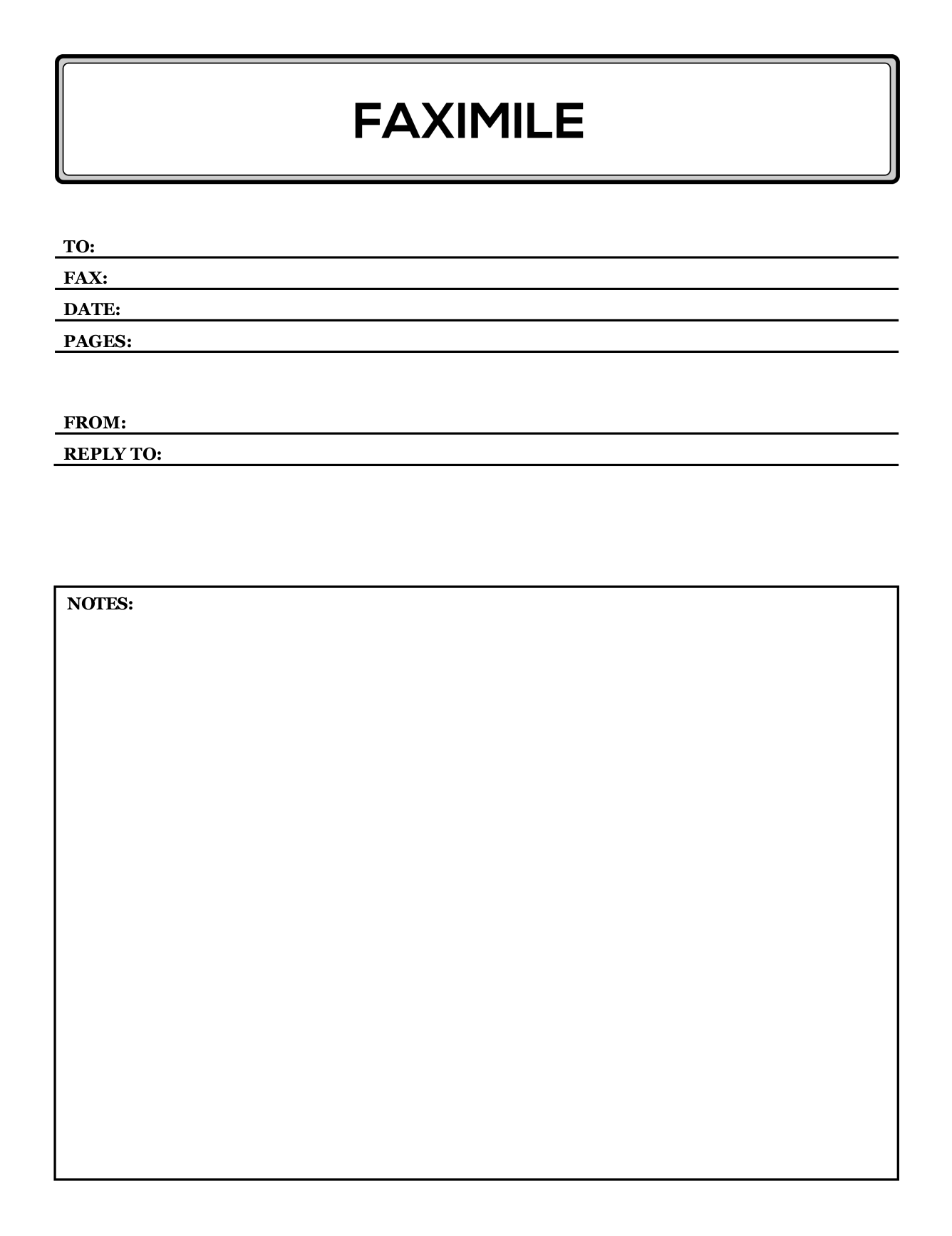 Fax cover sheet with a boxed header, To, Fax, Date, Pages and From fields, and a notes box