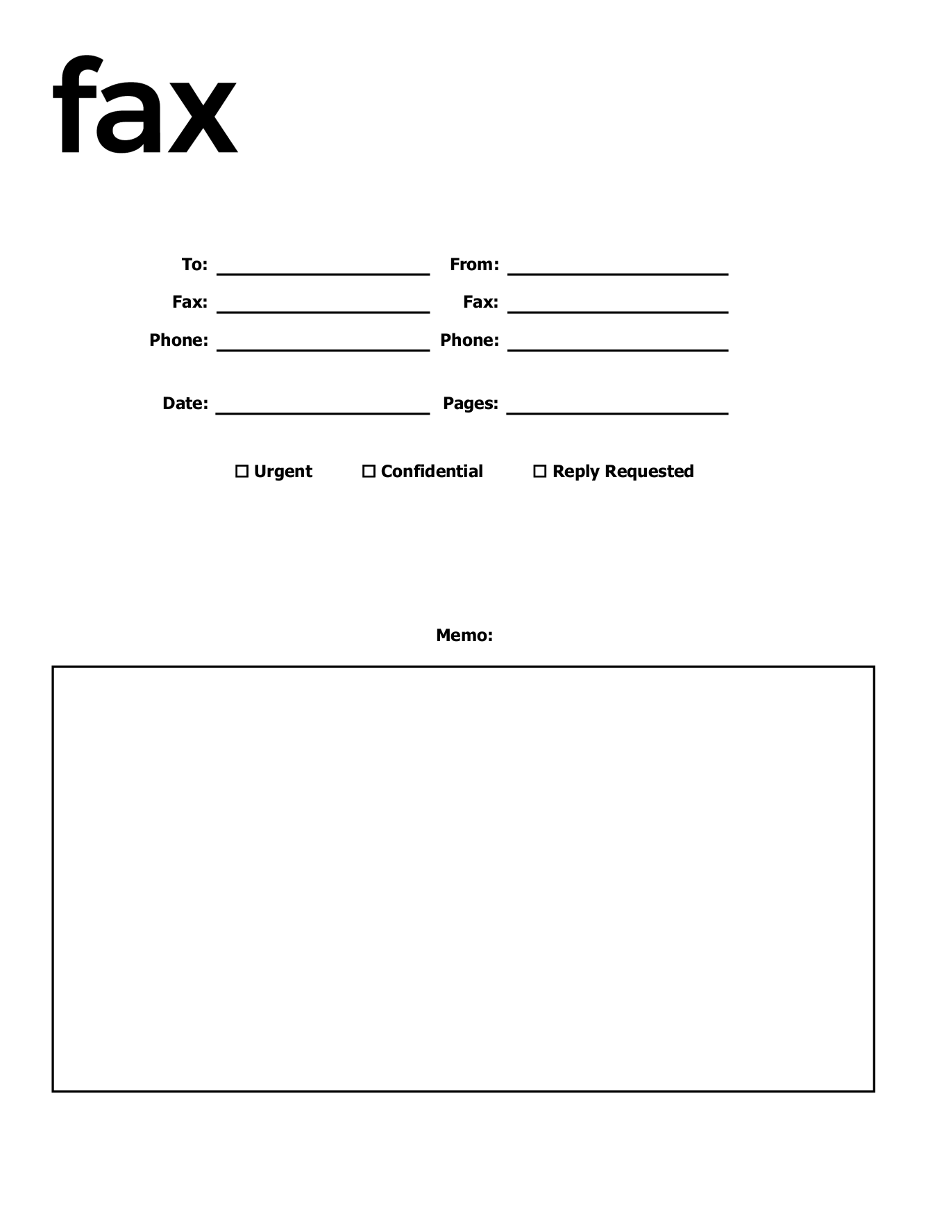 Fax cover sheet with Urgent, Confidential and Reply Requested checkboxes and a memo box
