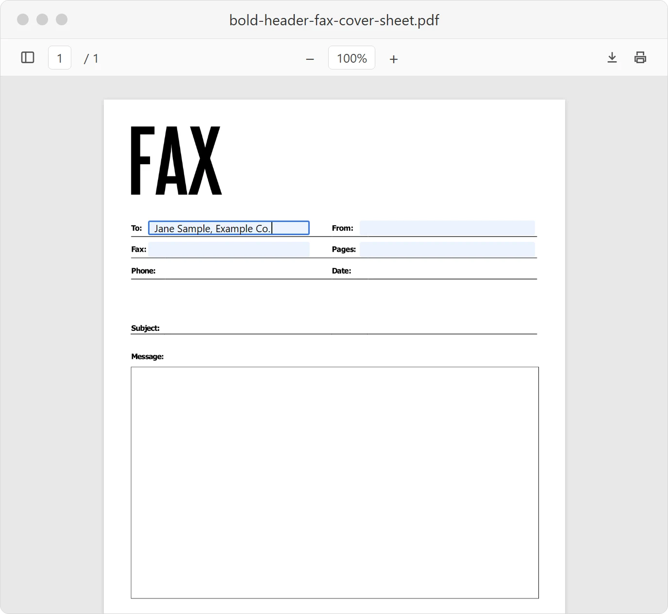 Browser PDF viewer with the Bold header fax cover sheet open and the To field being filled in
