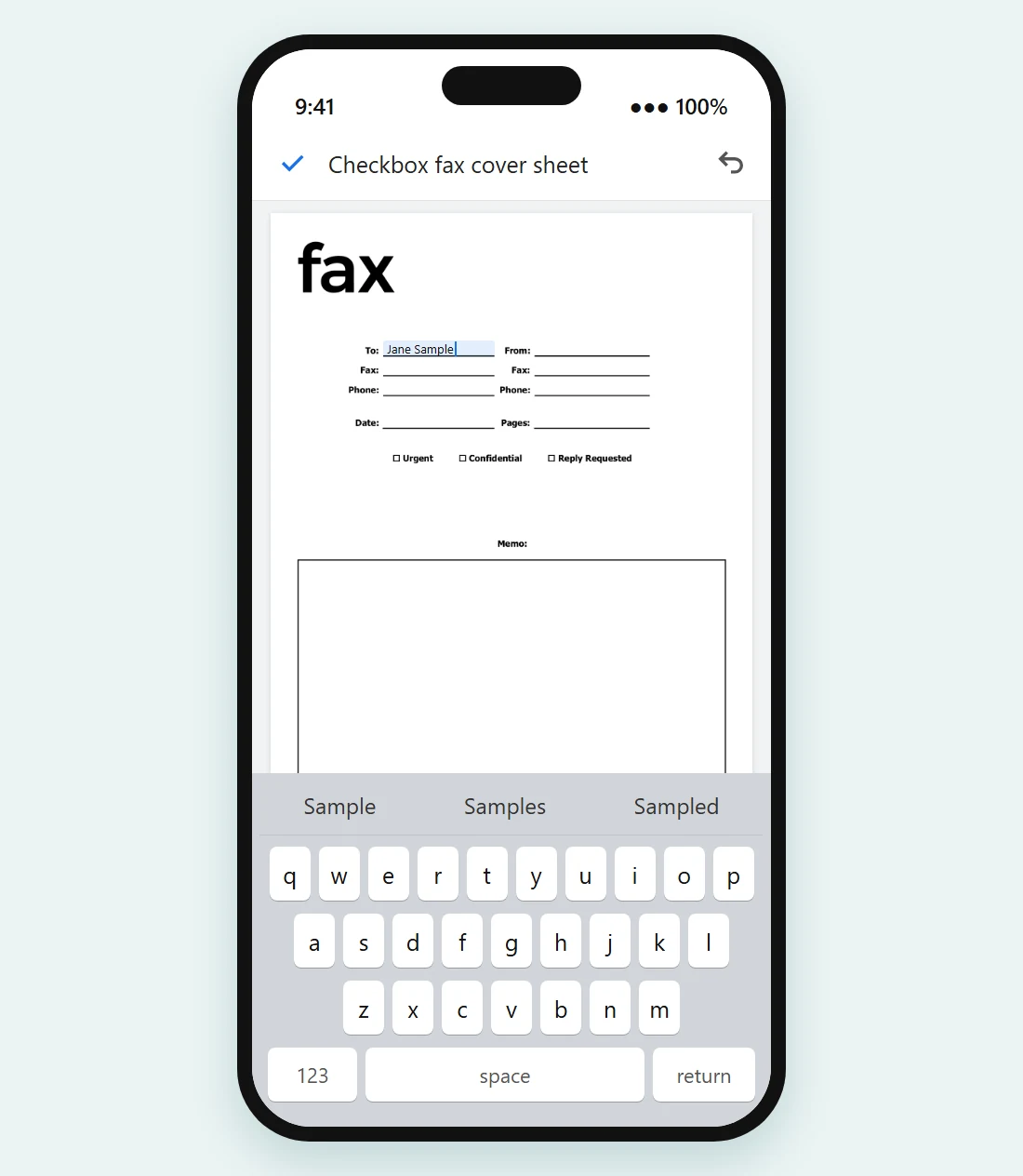 Phone showing the Checkbox fax cover sheet open in a docs editor, with the To field being filled in
