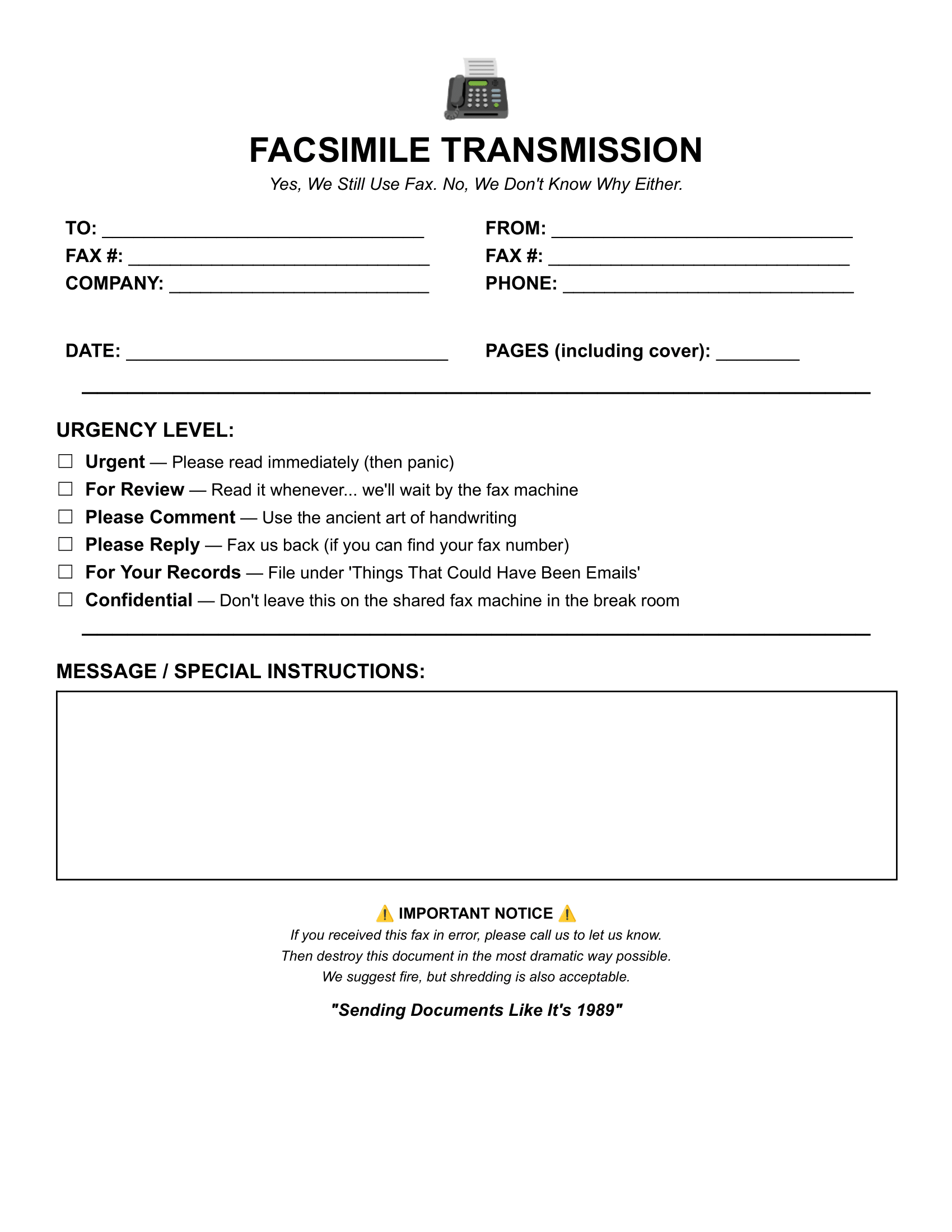 Funny fax cover sheet titled Facsimile Transmission with tongue-in-cheek urgency checkboxes