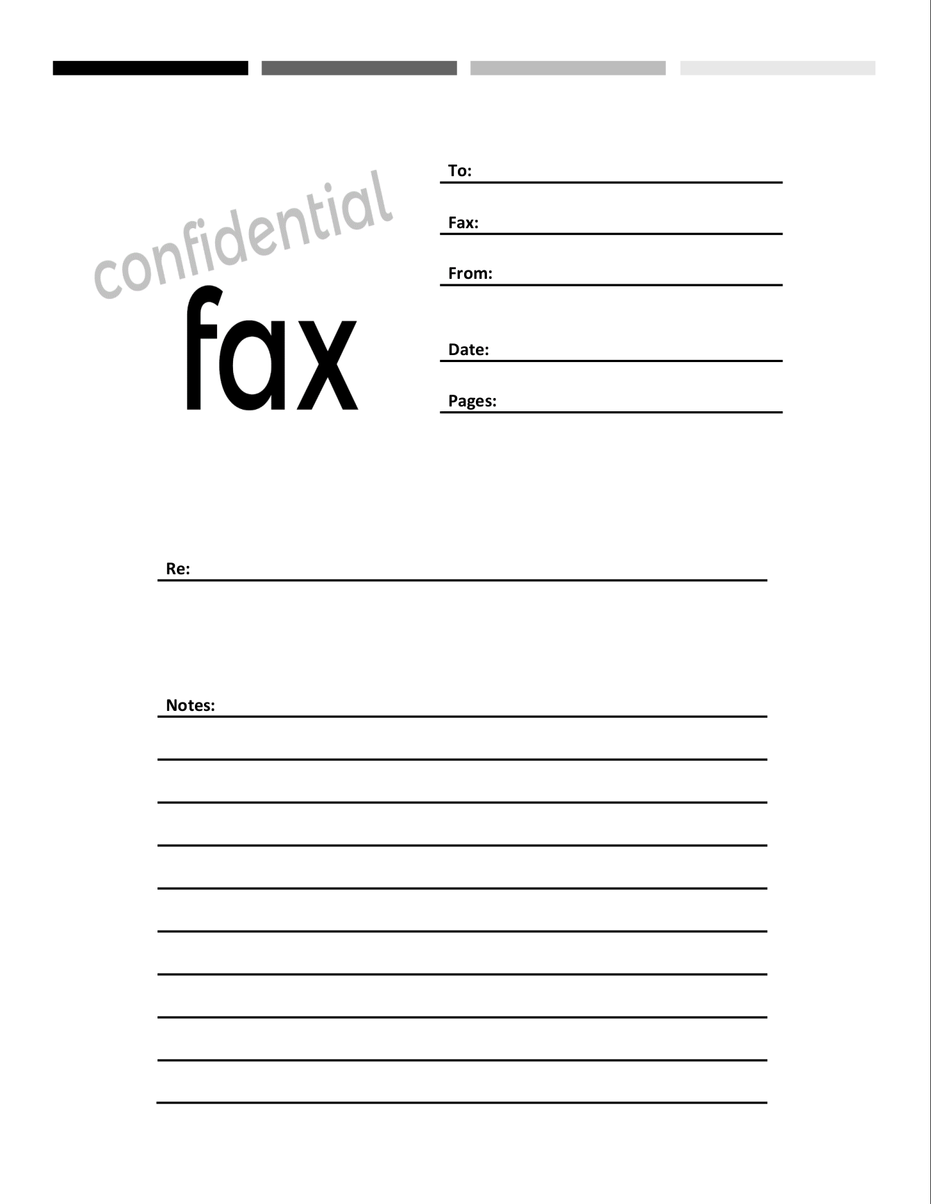 Confidential fax cover sheet with grey gradient bars and a lined notes section Confidential fax cover sheet with grey gradient bars and a lined notes section