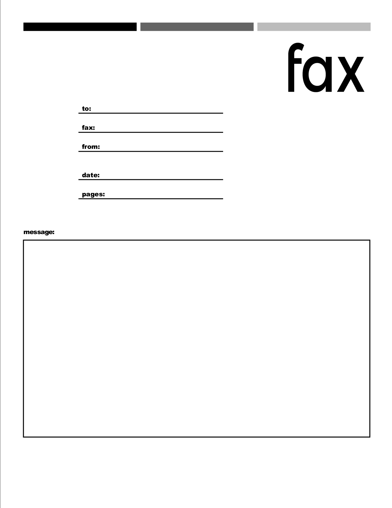 Modern fax cover sheet with grey gradient bars, a lowercase fax title and a message box