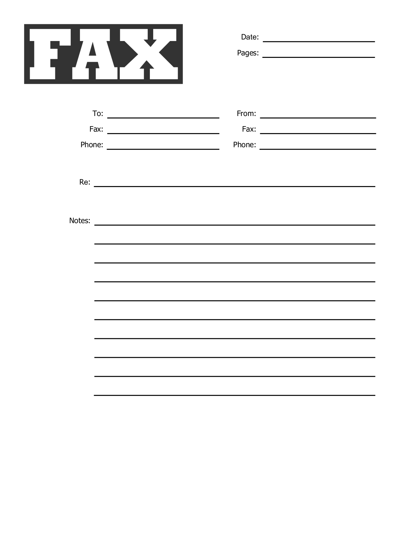 Fax cover sheet template with a stamp-style FAX header and a lined notes section